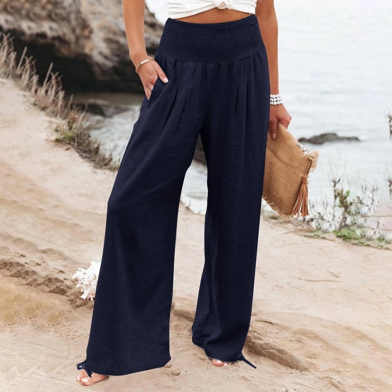 YRAETENM Womens Cotton Linen Palazzo Pants Summer Boho Wide Leg Lounge Pants Drawstring Casual Beach Trousers with Pockets