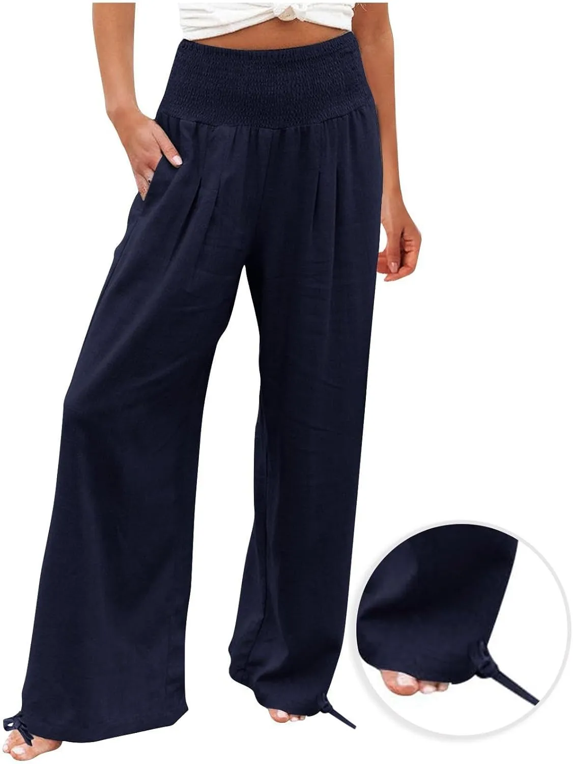 YRAETENM Womens Cotton Linen Palazzo Pants Summer Boho Wide Leg Lounge Pants Drawstring Casual Beach Trousers with Pockets