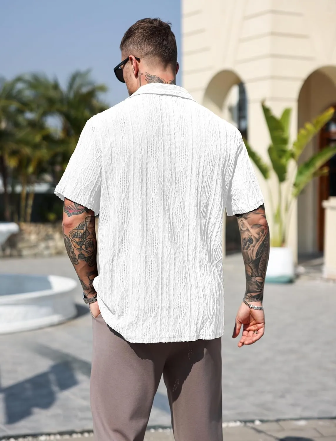 ZAFUL Mens Short Sleeve Button Down Shirts Cuba Collar Cable Jacquard Textured V Neck Solid Cotton Summer Shirt