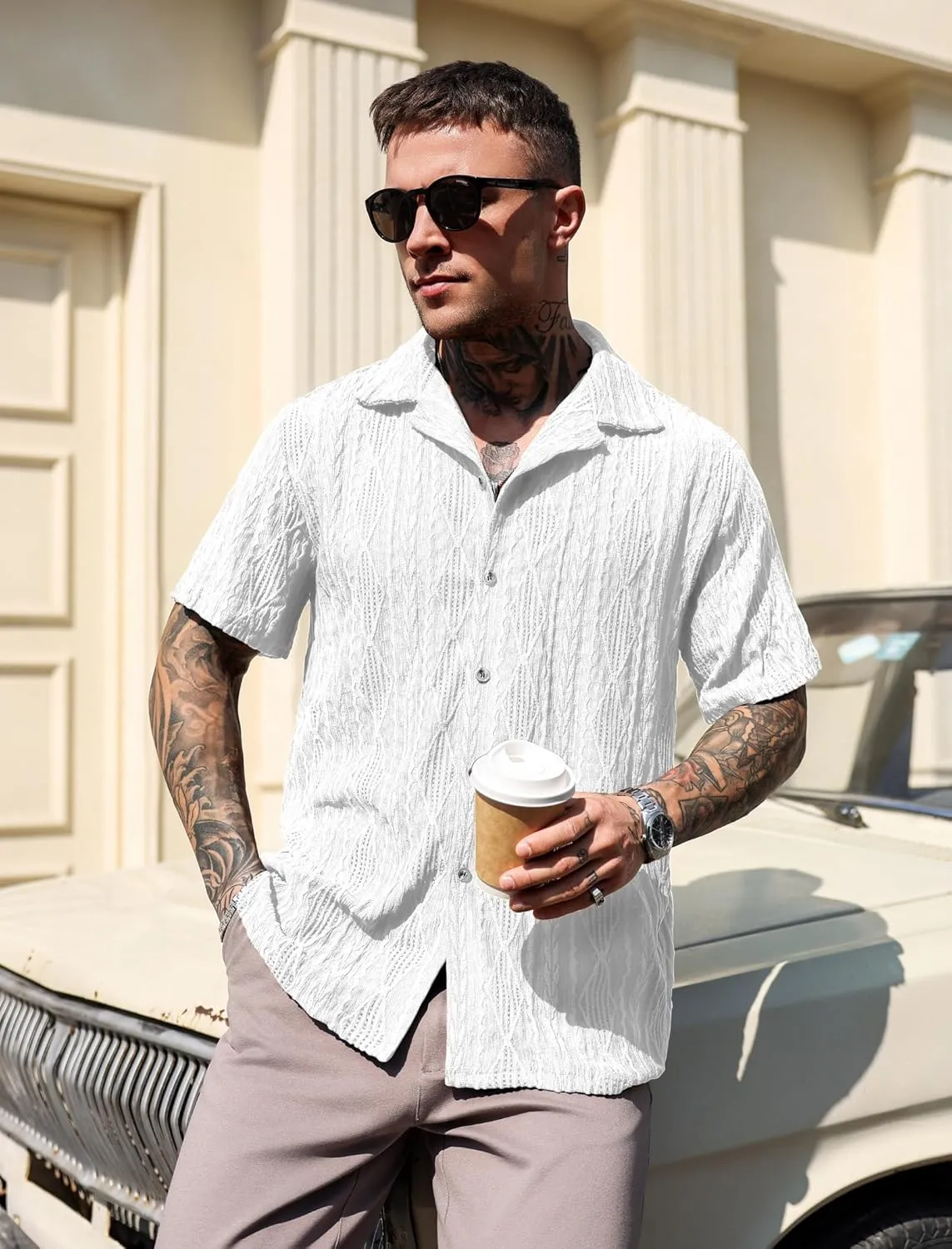 ZAFUL Mens Short Sleeve Button Down Shirts Cuba Collar Cable Jacquard Textured V Neck Solid Cotton Summer Shirt