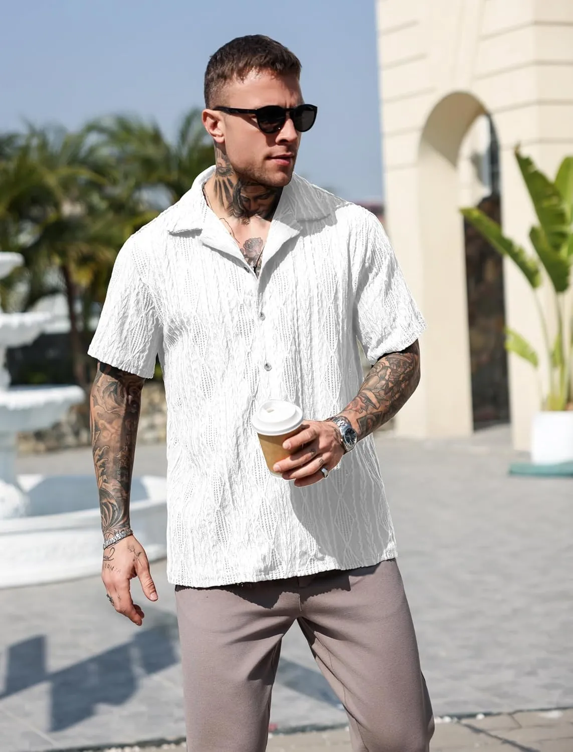 ZAFUL Mens Short Sleeve Button Down Shirts Cuba Collar Cable Jacquard Textured V Neck Solid Cotton Summer Shirt