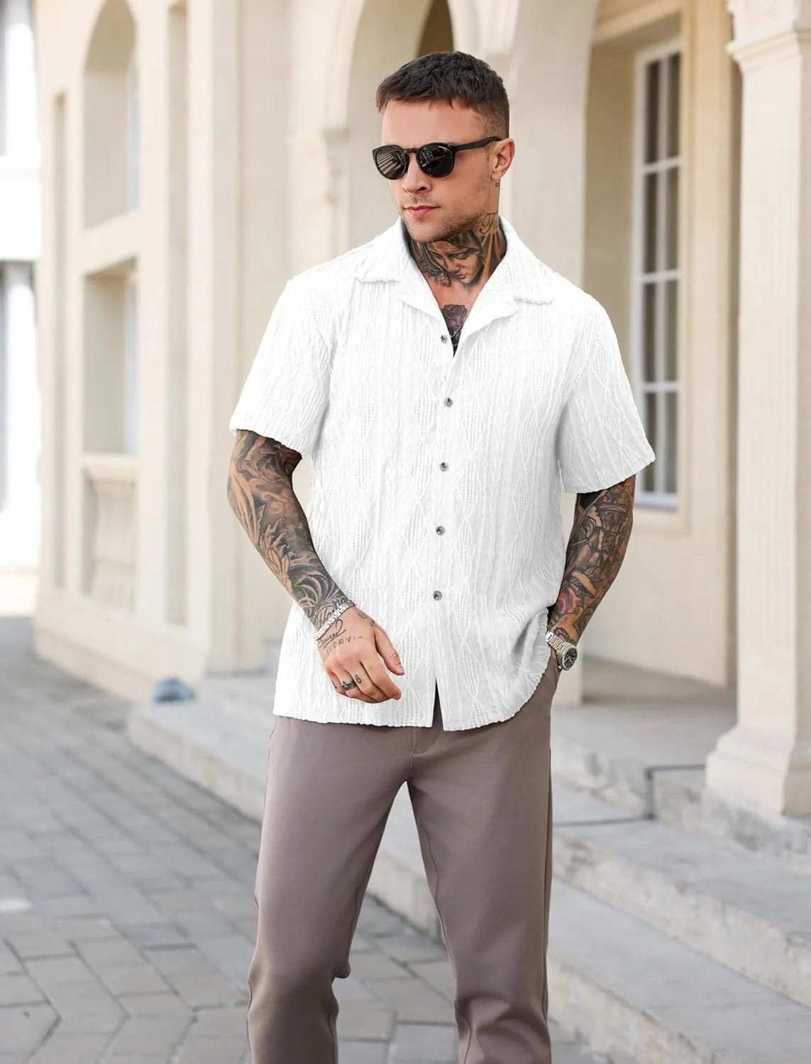 ZAFUL Mens Short Sleeve Button Down Shirts Cuba Collar Cable Jacquard Textured V Neck Solid Cotton Summer Shirt