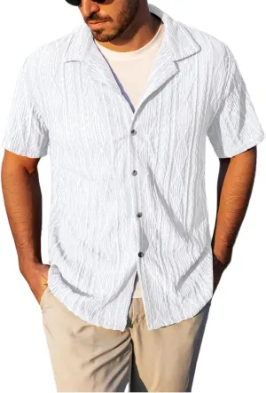 ZAFUL Mens Short Sleeve Button Down Shirts Cuba Collar Cable Jacquard Textured V Neck Solid Cotton Summer Shirt