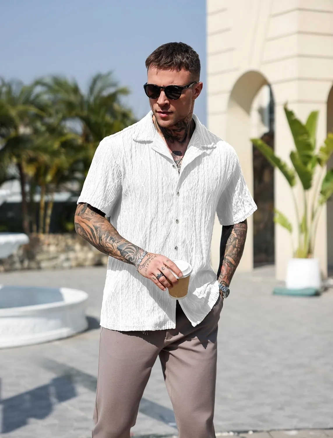 ZAFUL Mens Short Sleeve Button Down Shirts Cuba Collar Cable Jacquard Textured V Neck Solid Cotton Summer Shirt