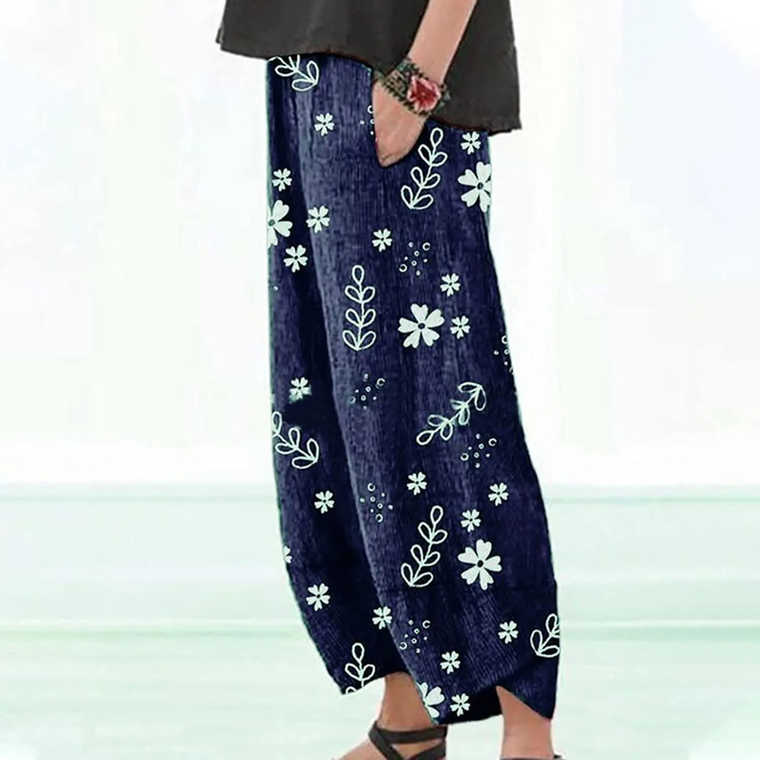 ZDRZK Capri Linen Pants Women Summer Casual High Waist Wide Leg Cropped Pant Loose Fit Beach Pant Trousers Plus Size