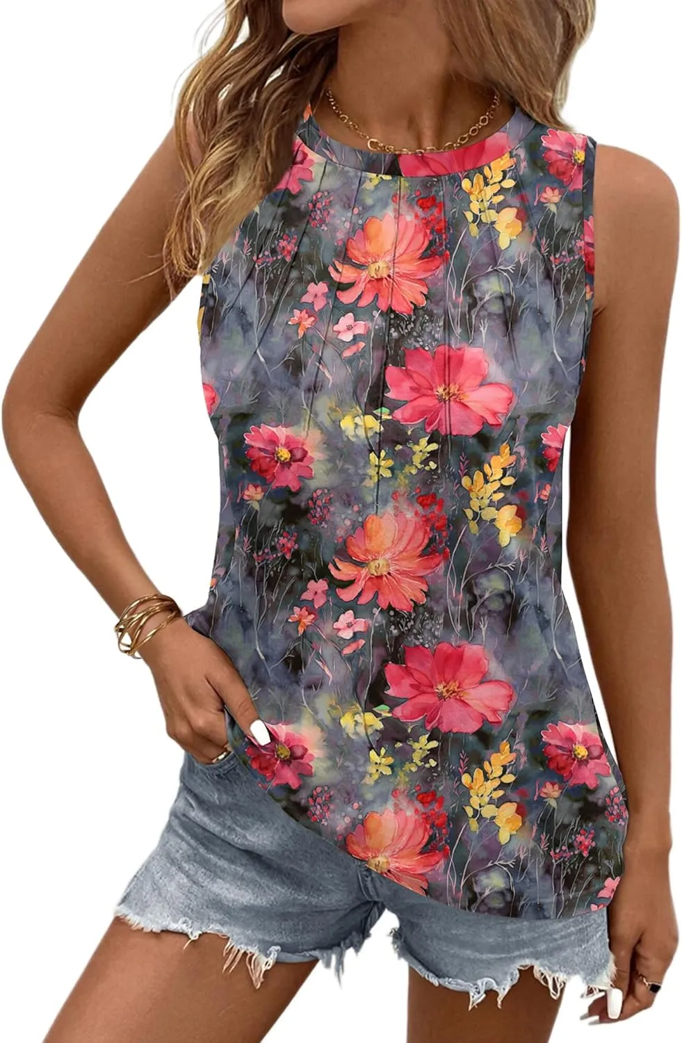 Zeagoo Summer Tank Top for Women 2025 Pleated High Neck Tops Loose Fit Flowy Dressy Tunic Sleeveless Shirts