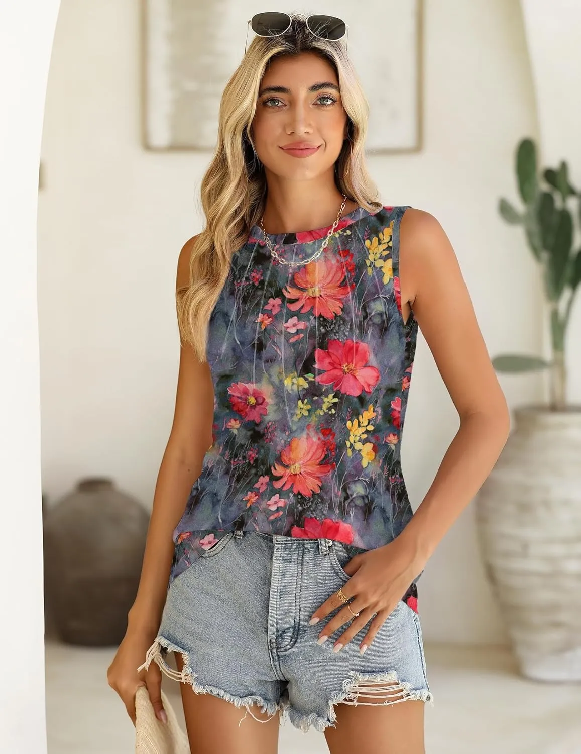Zeagoo Summer Tank Top for Women 2025 Pleated High Neck Tops Loose Fit Flowy Dressy Tunic Sleeveless Shirts